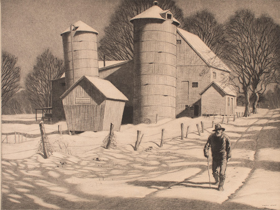 Martin Lewis, Grandpa Takes a Walk, Cornell Fine Arts Museum, Winter Scenes 