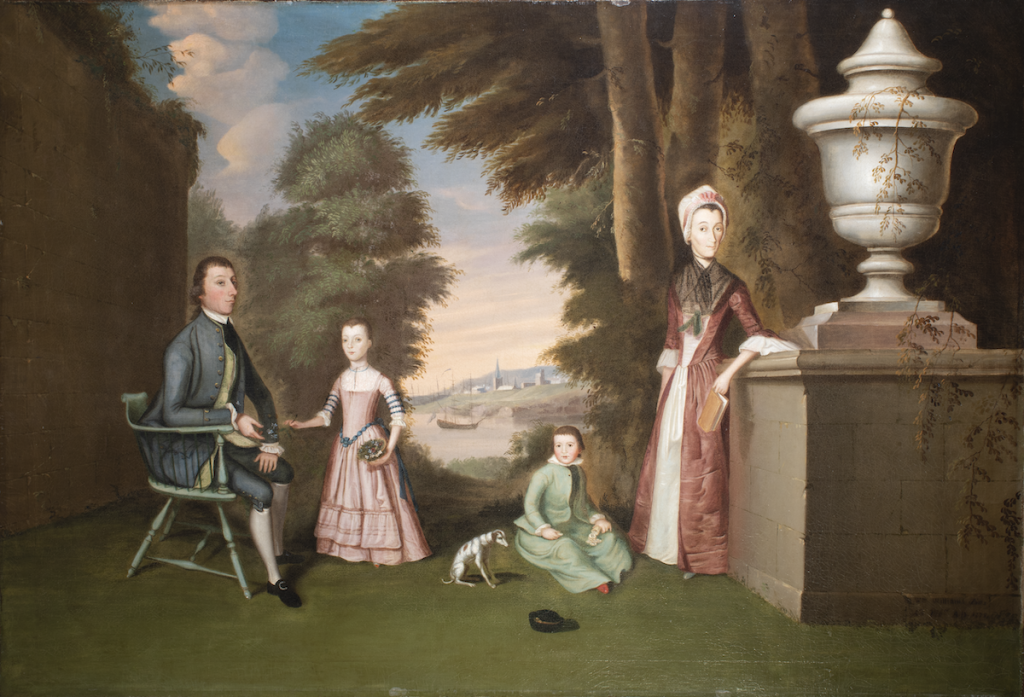 Painting of a man sitting on a chair, his dughter stands beside him. A woman leans on a wall, her son beside her.