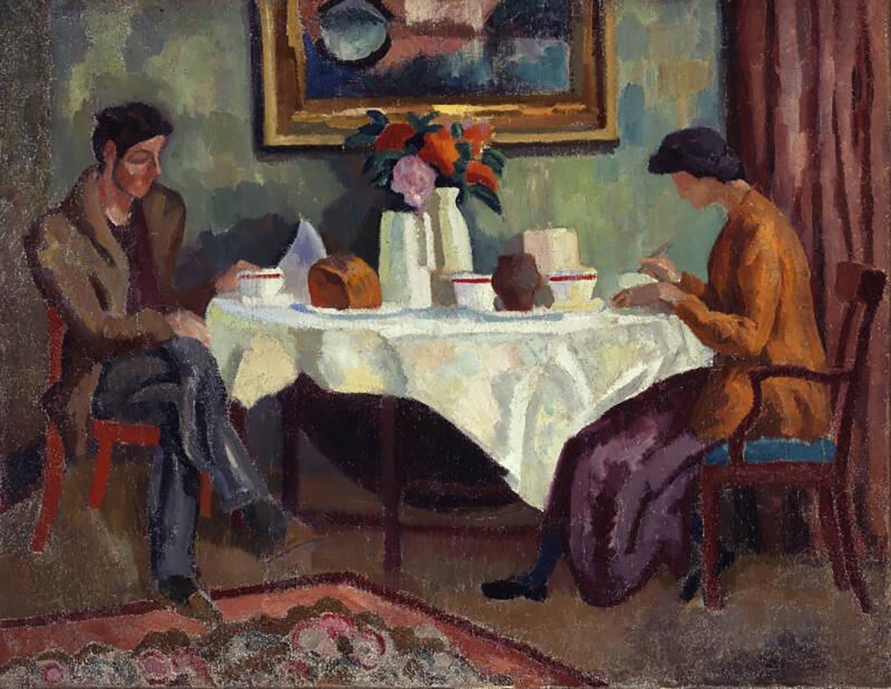 painting of a woman and a man siting at a breakfast table with a painting above them and pottery and vases with flowers on the table.