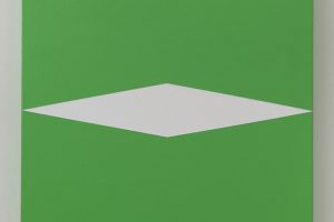 Green square painting with white horizontal diamond by Carmen Herrera