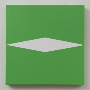 Green square painting with white horizontal diamond by Carmen Herrera