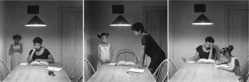 3 black and white images of a woman and girl at a kitchen table in different sitting and standing positions