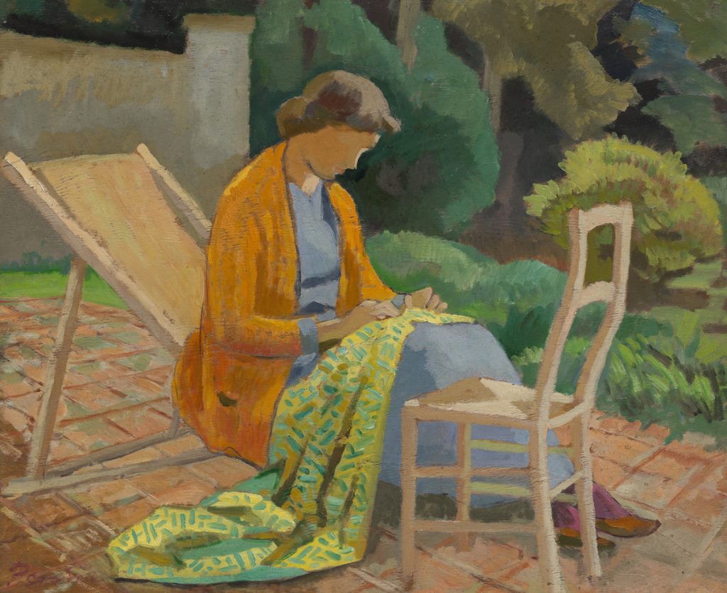 Painting of woman sitting outside with fabric draped over her lap