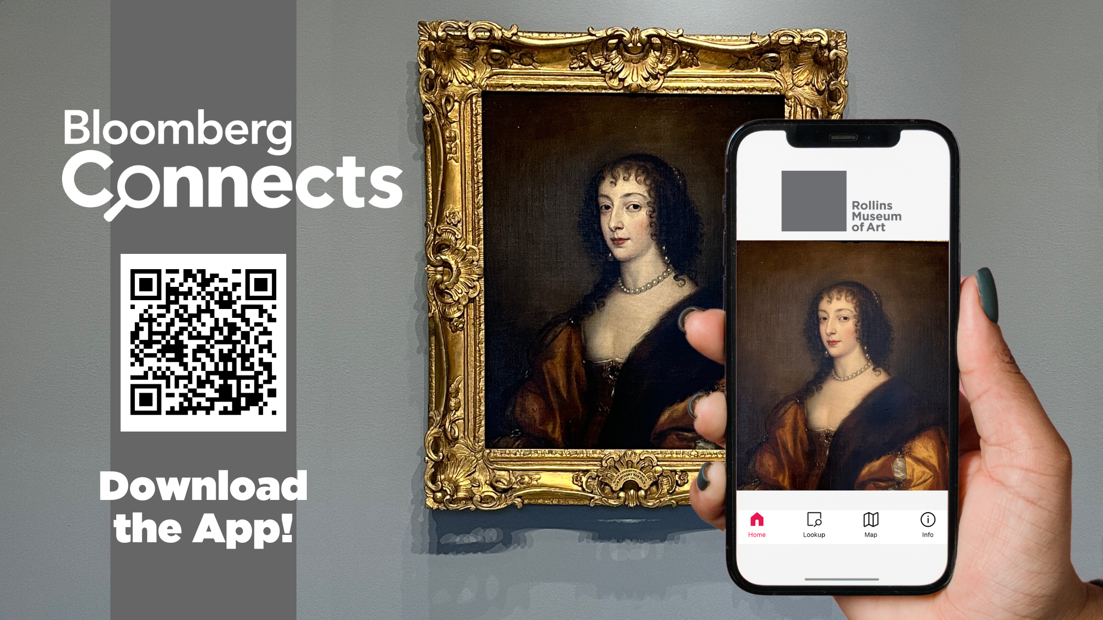 a hand holds a phone in front of a painting of a woman. To the left is a QR code with text "bloomberg Connects Download the app."