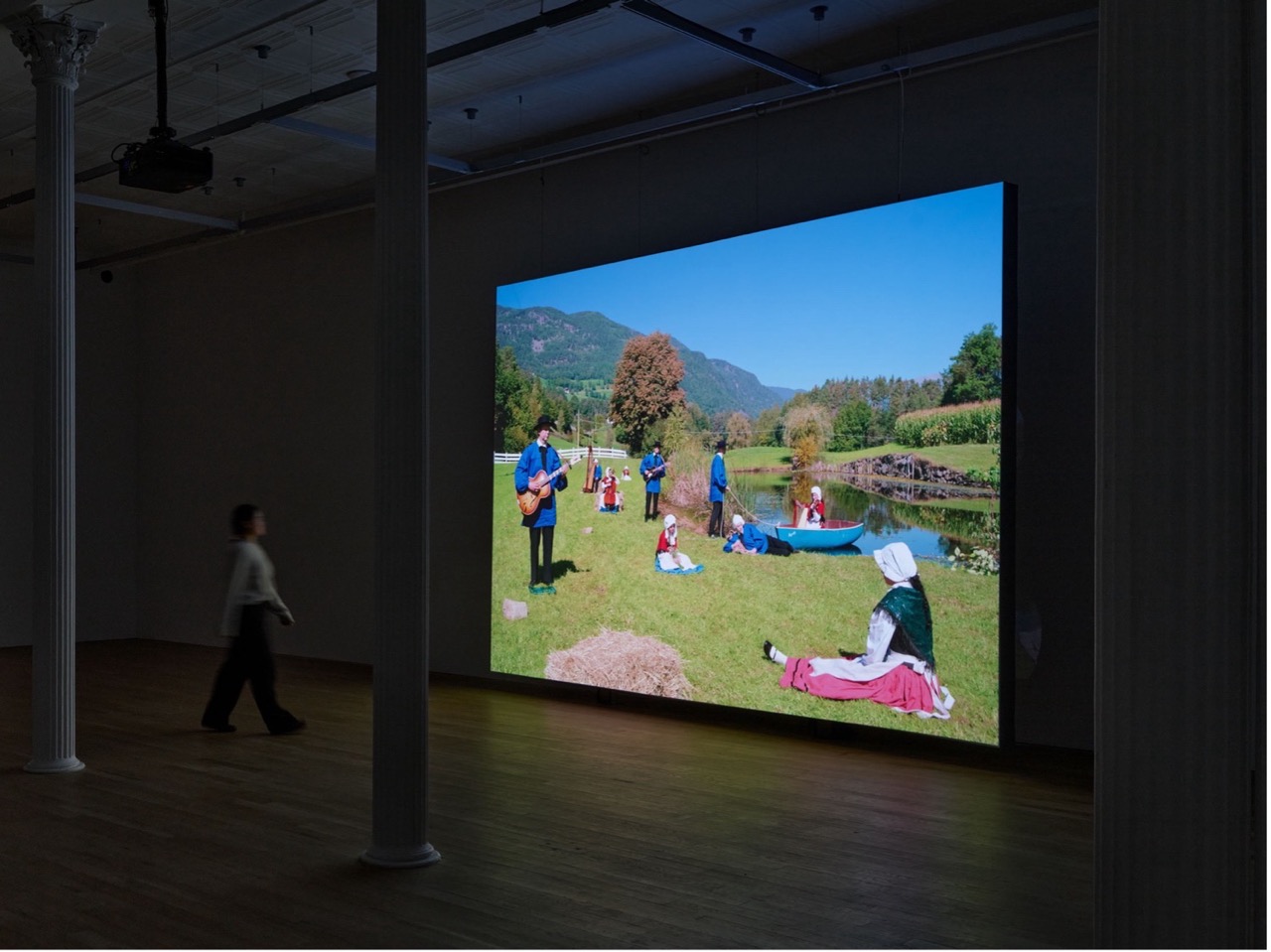Rendering of large museum space featuring Sunday Without Love by Ragnar Kjartansson on the wall.